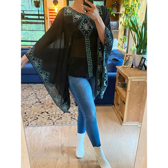 Monoreno black and blue embroidered boho sheer blouse - Picture 1 of 8